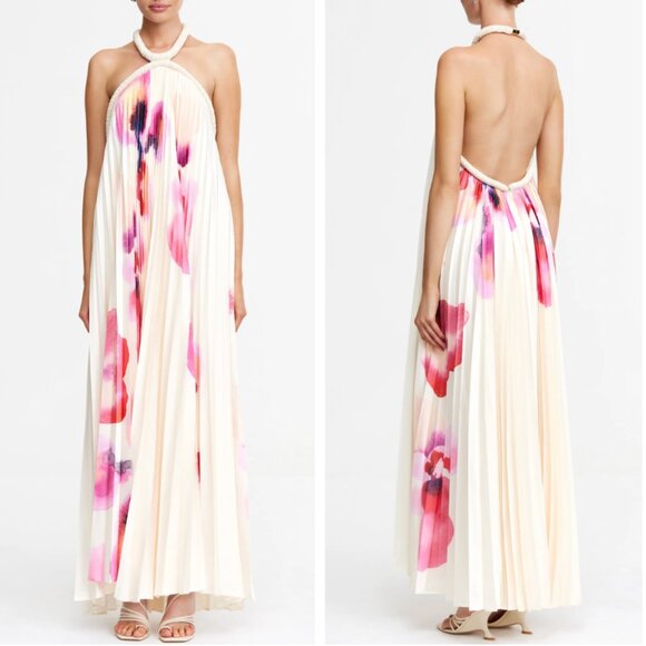 BEST Acler Fixby Maxi Dress Gown Halter AU6/US2 Pearl Embrace Ivory Pink Floral - Picture 1 of 12